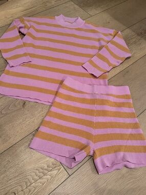 Target Pink and Mustard Striped Knit Pajama Set - Long Sleeve Top & Shorts